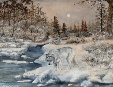 Painting titled "Loup en hiver" by Jacques Moncho (Art d'antan), Original Artwork, Oil