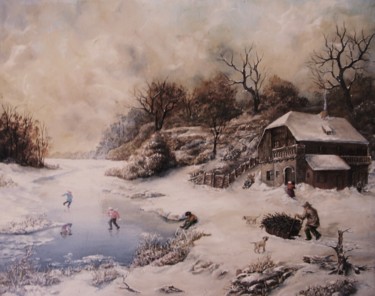 Painting titled "Une journée hiverna…" by Jacques Moncho (Art d'antan), Original Artwork, Oil