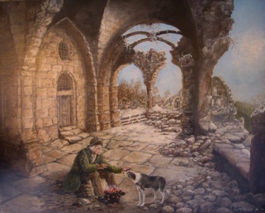 Painting titled "Dans les ruines de…" by Jacques Moncho (Art d'antan), Original Artwork, Oil