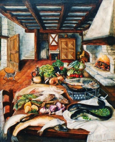 Peinture intitulée "Les poissons" par Jacques Moncho (Art d'antan), Œuvre d'art originale, Huile