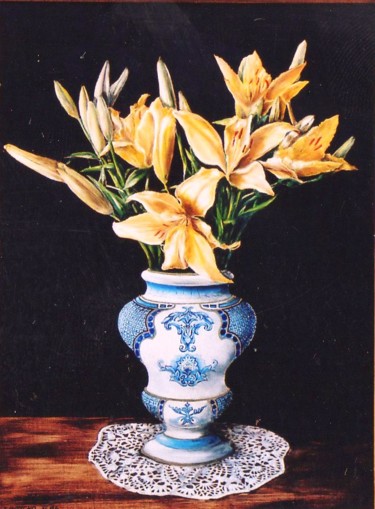 Painting titled "Bouquet de fleurs" by Jacques Moncho (Art d'antan), Original Artwork, Oil