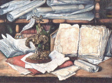 Картина под названием "Les vieux papiers" - Jacques Moncho (Art d'antan), Подлинное произведение искусства, Масло