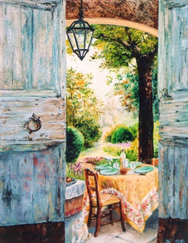 Painting titled "Déjeuner dans le ja…" by Jacques Moncho (Art d'antan), Original Artwork, Oil