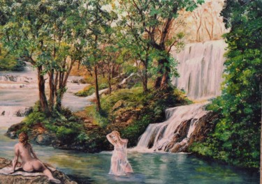 Peinture intitulée "Bain à la cascade" par Jacques Moncho (Art d'antan), Œuvre d'art originale, Huile