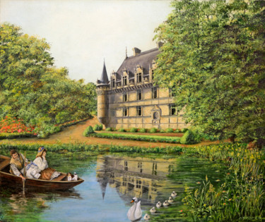Painting titled "Au fil de l'eau, la…" by Jacques Moncho (Art d'antan), Original Artwork, Oil