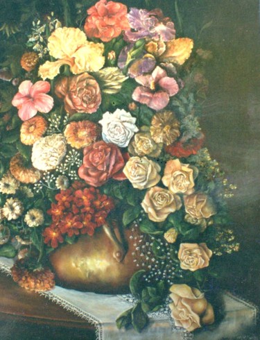 Pintura intitulada "Des  fleurs dans un…" por Jacques Moncho (Art d'antan), Obras de arte originais, Óleo