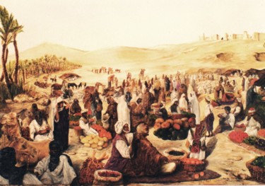 Painting titled "Marché marocain" by Jacques Moncho (Art d'antan), Original Artwork, Oil