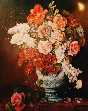 Peinture intitulée "La rose tombée" par Jacques Moncho (Art d'antan), Œuvre d'art originale, Huile