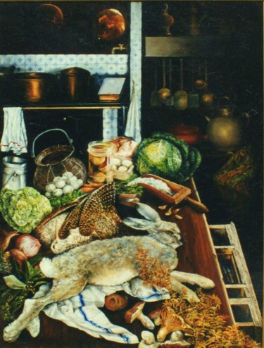 Malerei mit dem Titel "Cuisine d'autrefois" von Jacques Moncho (Art d'antan), Original-Kunstwerk, Öl