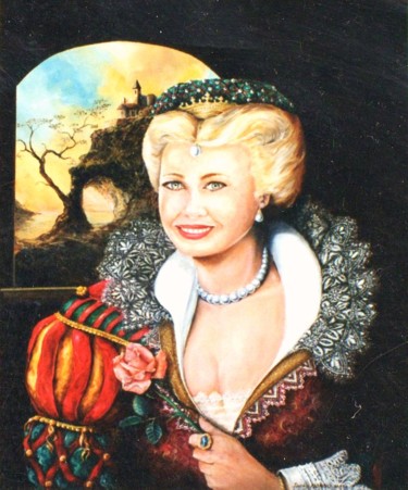 Peinture intitulée "La Dame à la rose" par Jacques Moncho (Art d'antan), Œuvre d'art originale, Huile
