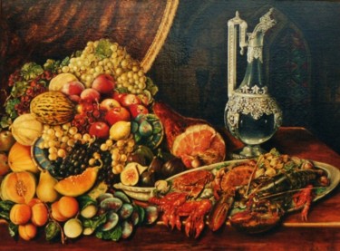 Painting titled "Fruits et crustacés" by Jacques Moncho (Art d'antan), Original Artwork, Oil
