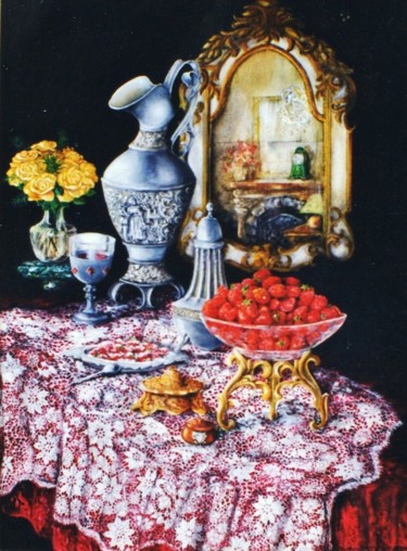 Painting titled "La coupe de fraises" by Jacques Moncho (Art d'antan), Original Artwork, Oil
