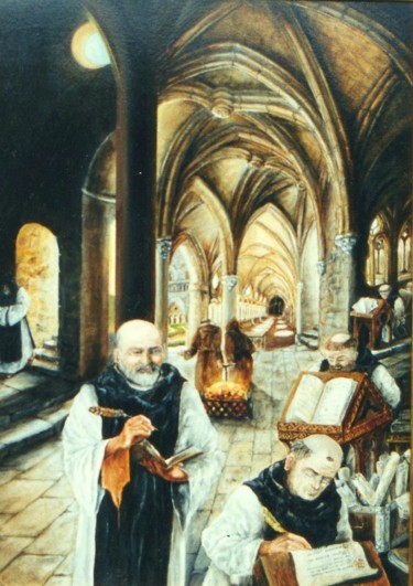 Painting titled "Le scriptorium" by Jacques Moncho (Art d'antan), Original Artwork, Oil