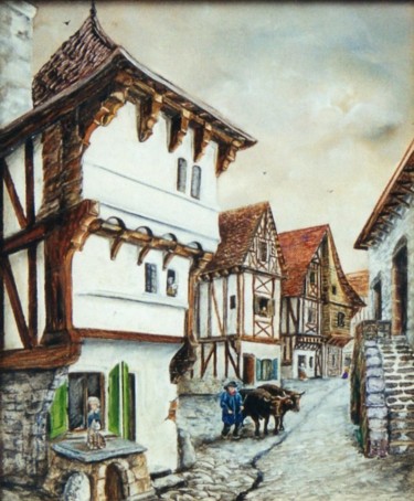 Painting titled "Village au petit ma…" by Jacques Moncho (Art d'antan), Original Artwork, Oil