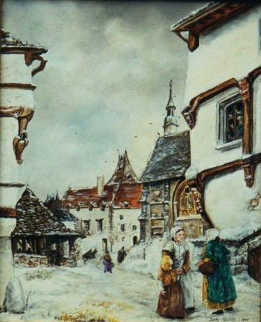 Painting titled "Village sous la nei…" by Jacques Moncho (Art d'antan), Original Artwork, Oil