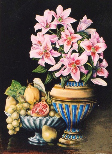 Peinture intitulée "Fleurs et fruits" par Jacques Moncho (Art d'antan), Œuvre d'art originale, Huile