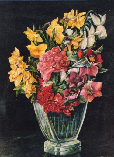 Peinture intitulée "Vase avec roses de…" par Jacques Moncho (Art d'antan), Œuvre d'art originale, Huile