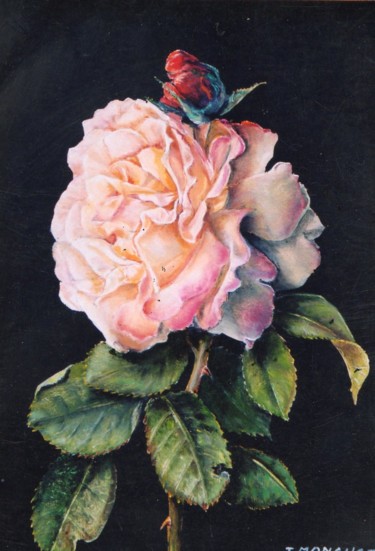 Painting titled "Une rose pour..." by Jacques Moncho (Art d'antan), Original Artwork, Oil Mounted on Wood Stretcher frame
