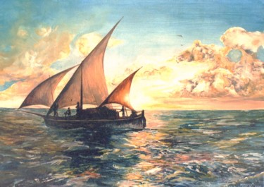 Peinture intitulée "Les pêcheurs au mat…" par Jacques Moncho (Art d'antan), Œuvre d'art originale, Huile