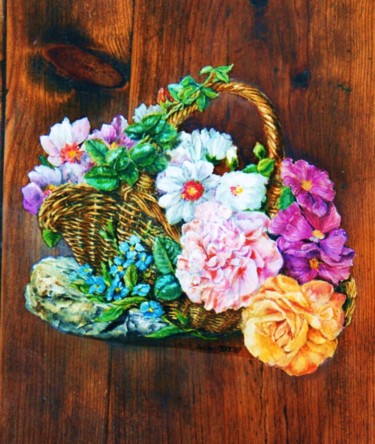 Peinture intitulée "Corbeille de fleurs" par Jacques Moncho (Art d'antan), Œuvre d'art originale, Huile