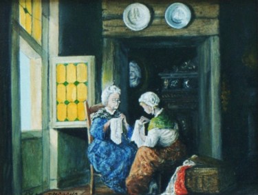 Malerei mit dem Titel "Leçon de couture" von Jacques Moncho (Art d'antan), Original-Kunstwerk, Öl