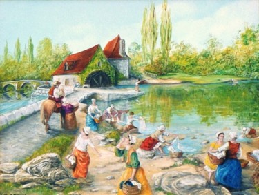 Painting titled "Les lavandières" by Jacques Moncho (Art d'antan), Original Artwork, Oil
