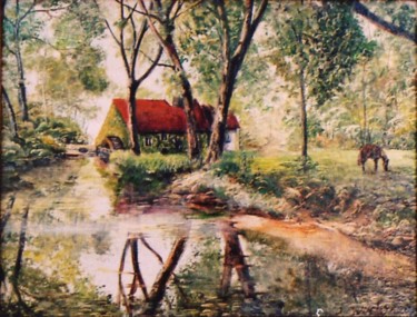 Peinture intitulée "Petit moulin à eau" par Jacques Moncho (Art d'antan), Œuvre d'art originale, Huile