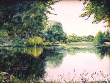 Painting titled "Lac serein" by Jacques Moncho (Art d'antan), Original Artwork, Oil