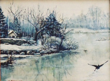 Painting titled "Un matin d'hiver" by Jacques Moncho (Art d'antan), Original Artwork, Oil
