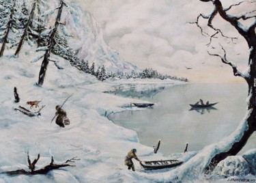 Painting titled "Pêcheurs en hiver" by Jacques Moncho (Art d'antan), Original Artwork, Oil