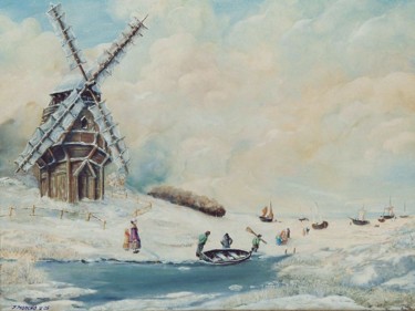 Painting titled "Bateaux à marée bas…" by Jacques Moncho (Art d'antan), Original Artwork, Oil