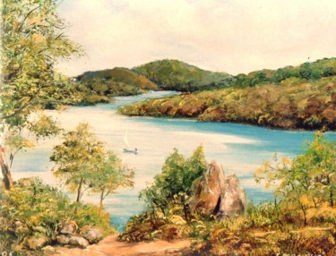 Painting titled "Promenade sur le lac" by Jacques Moncho (Art d'antan), Original Artwork, Oil