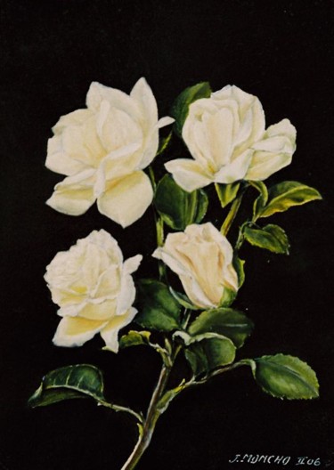 Painting titled "Les roses blanches" by Jacques Moncho (Art d'antan), Original Artwork, Oil