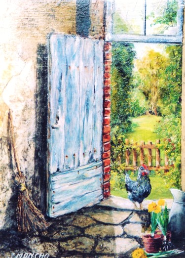 Painting titled "La poule curieuse" by Jacques Moncho (Art d'antan), Original Artwork, Oil