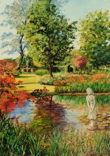 Painting titled "Jardin avec bassin" by Jacques Moncho (Art d'antan), Original Artwork, Oil