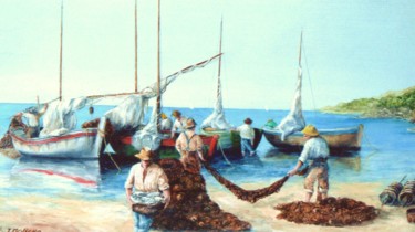 Peinture intitulée "Pêcheurs au repos" par Jacques Moncho (Art d'antan), Œuvre d'art originale, Huile