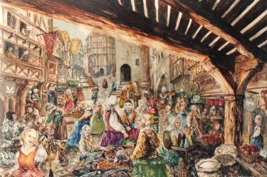 Peinture intitulée "Marché médieval" par Jacques Moncho (Art d'antan), Œuvre d'art originale, Huile