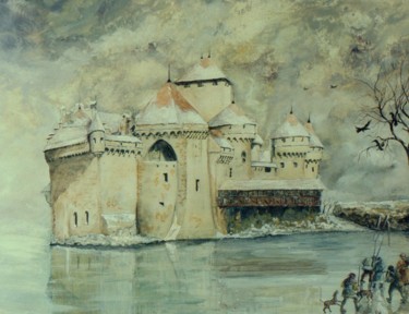 Painting titled "Château en hiver" by Jacques Moncho (Art d'antan), Original Artwork, Oil