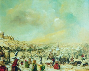 Painting titled "Départ au marché" by Jacques Moncho (Art d'antan), Original Artwork, Oil
