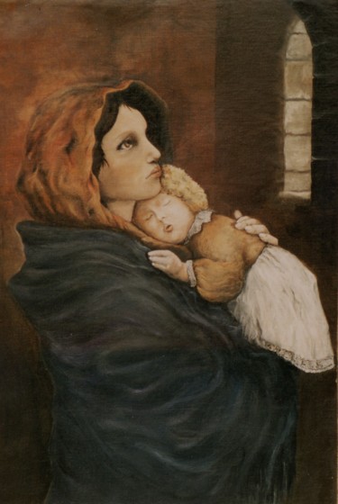 Painting titled "La mère et l'Enfant" by Jacques Moncho (Art d'antan), Original Artwork, Oil