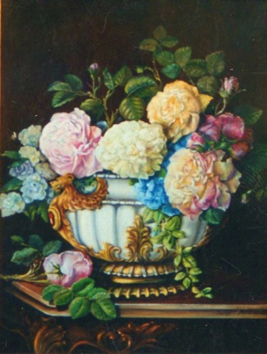 Peinture intitulée "Vase avec roses" par Jacques Moncho (Art d'antan), Œuvre d'art originale, Huile