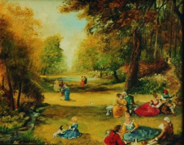 Painting titled "Après-midi au parc" by Jacques Moncho (Art d'antan), Original Artwork, Oil
