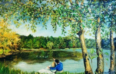 Peinture intitulée "Flirt au bord du lac" par Jacques Moncho (Art d'antan), Œuvre d'art originale, Huile