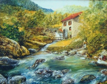 Peinture intitulée "Le moulin à eau" par Jacques Moncho (Art d'antan), Œuvre d'art originale, Huile