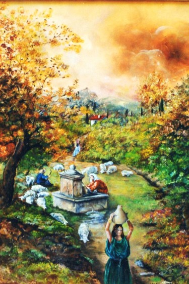 Painting titled "La fontaine" by Jacques Moncho (Art d'antan), Original Artwork, Oil