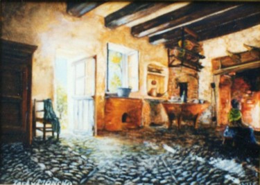 Schilderij getiteld "Au coin du feu" door Jacques Moncho (Art d'antan), Origineel Kunstwerk, Olie