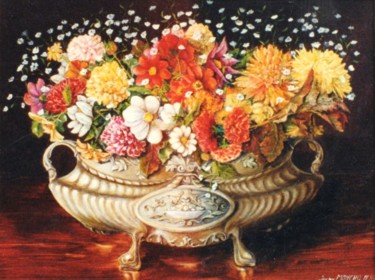 Peinture intitulée "Jardinière de fleurs" par Jacques Moncho (Art d'antan), Œuvre d'art originale, Huile