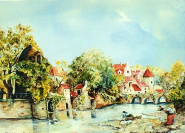Painting titled "Bords de rivière av…" by Jacques Moncho (Art d'antan), Original Artwork, Oil