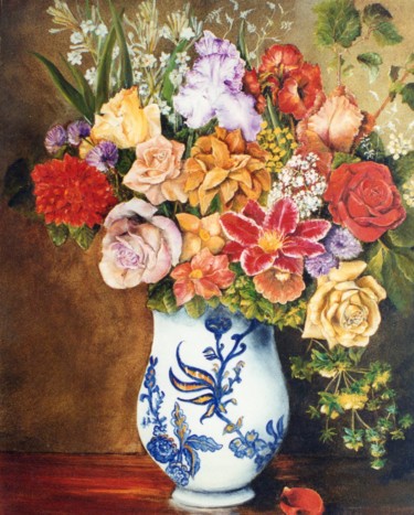 Painting titled "Le vase à fleurs bl…" by Jacques Moncho (Art d'antan), Original Artwork, Oil