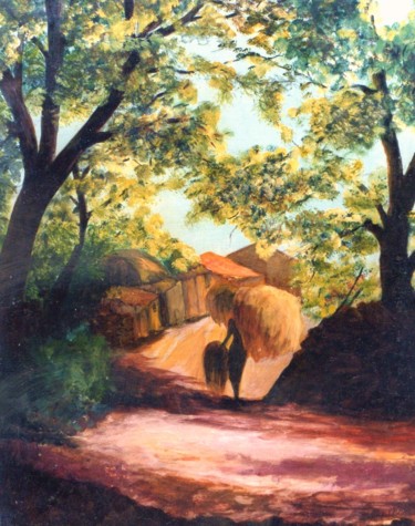 Peinture intitulée "La porteuse de foin" par Jacques Moncho (Art d'antan), Œuvre d'art originale, Gouache